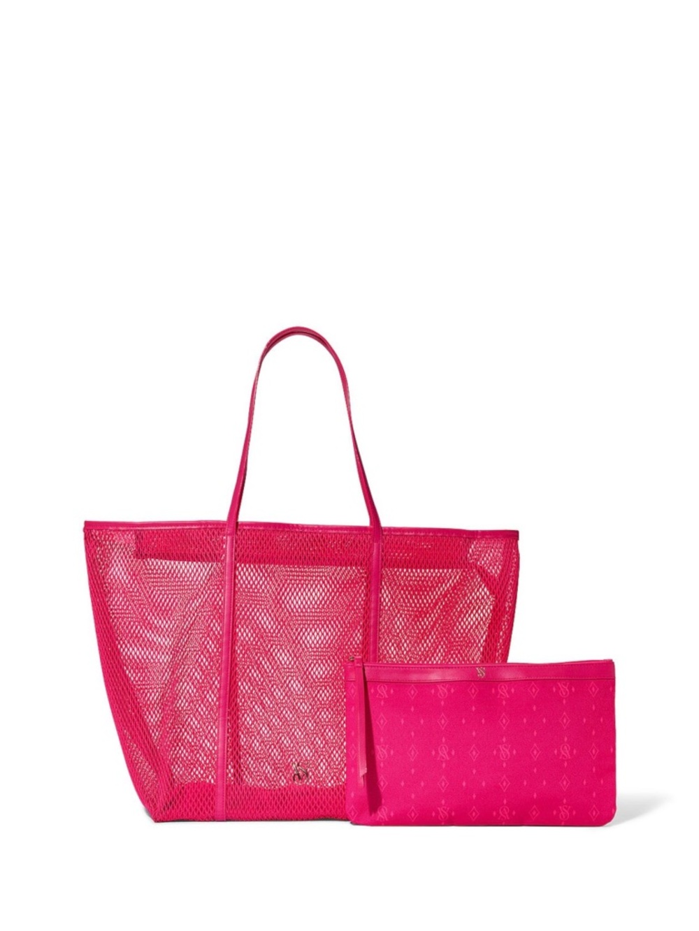 Victoria's Secret Hot Pink Mesh Tote with Matching Pouch zipper closure New XL